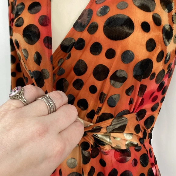 Huminska NY Faux Wrap Dress Womens Sz 0 Orange Burnout Velvet Long Sleeve V-Neck - Picture 7 of 12